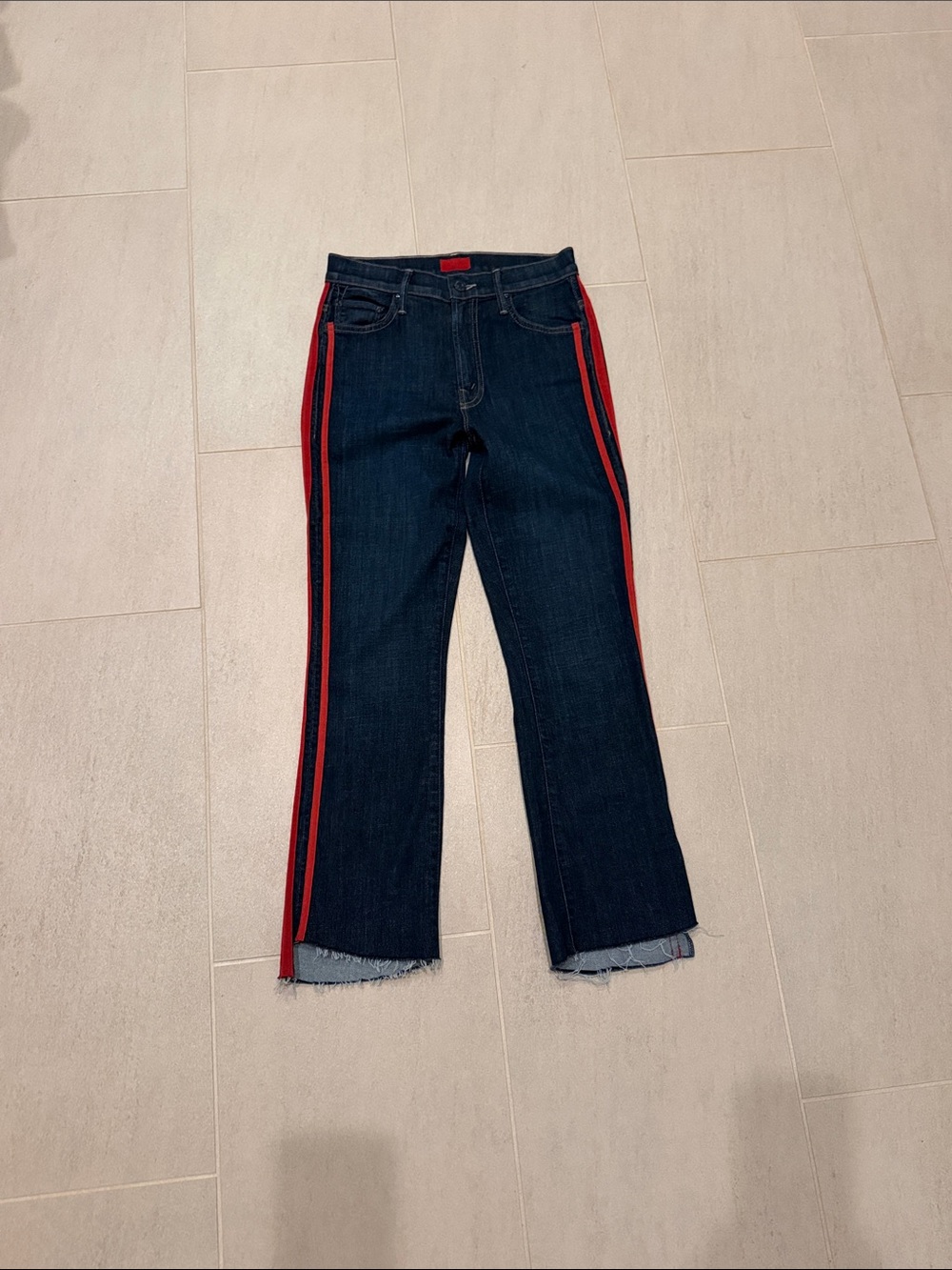 MOTHER Dark Blue Flare Jeans with Red Side Stripes